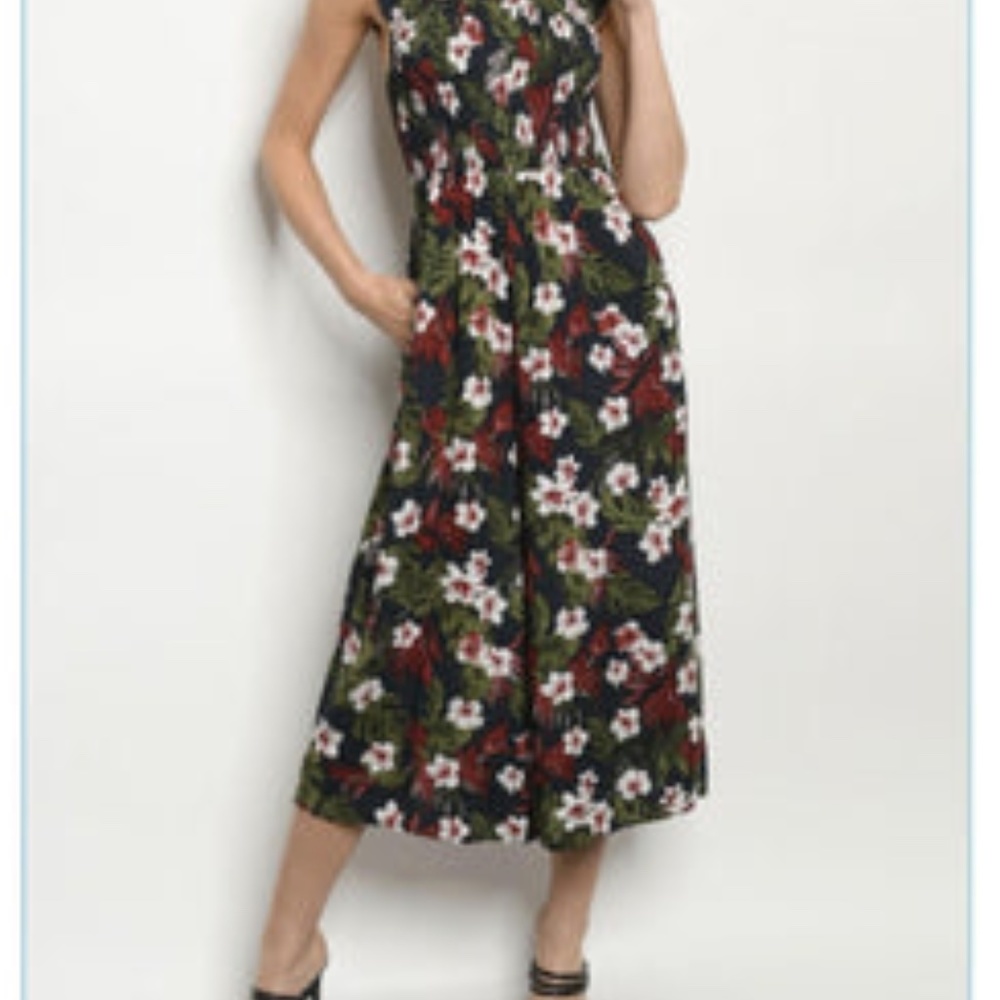Navy Floral Jumpsuit with ruffle Sleeve